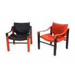 Maurice BurkeTwo 'Safari' chairs with black and orange leatherette upholstered seats, backrests