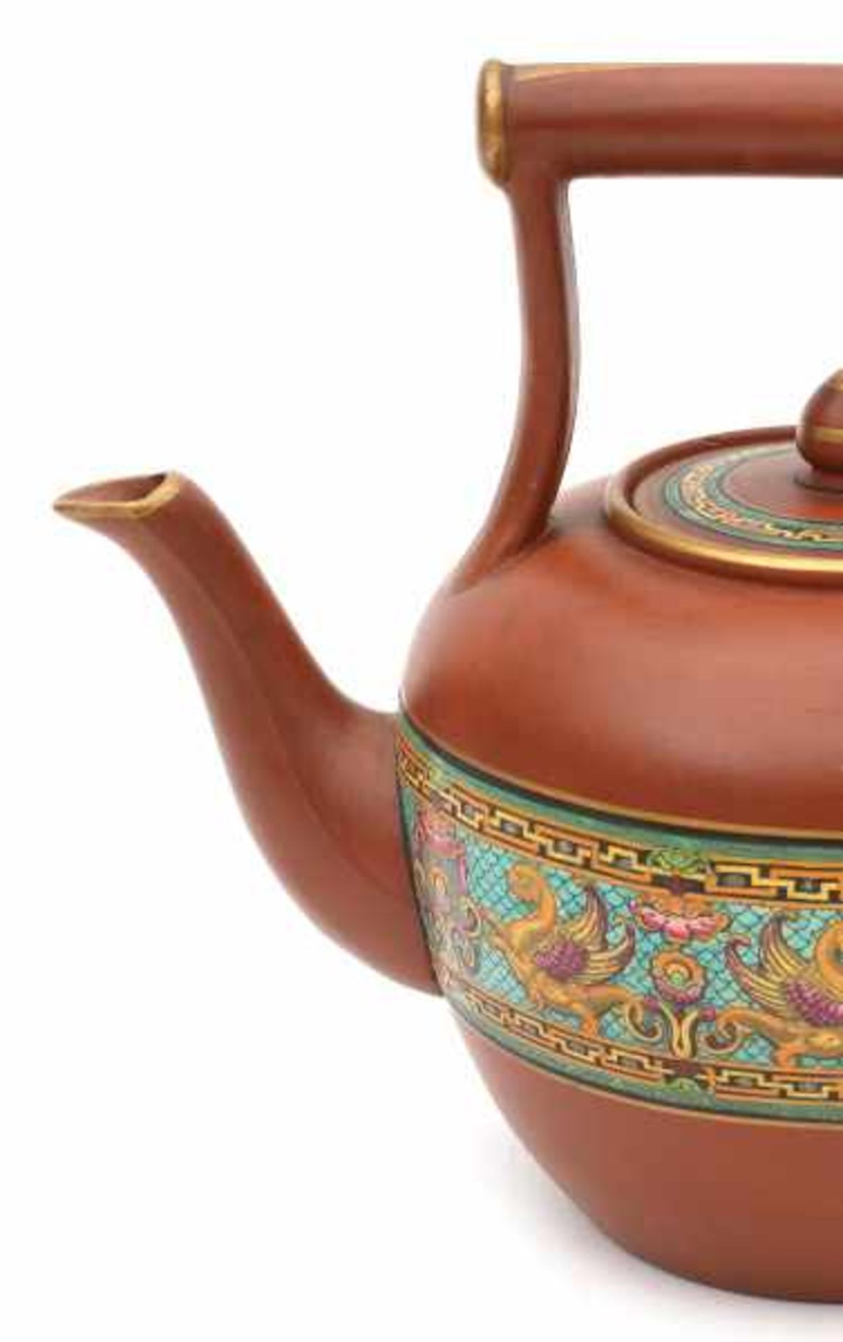 Christopher Dresser (1834-1904) (in the style of)A terracotta teapot decorated with hand coloured - Bild 2 aus 3
