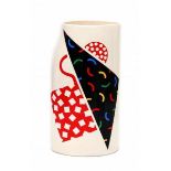 Kato KogeiA tall Japanese ceramic vase, white glazed with colourful postmodern transferprinted