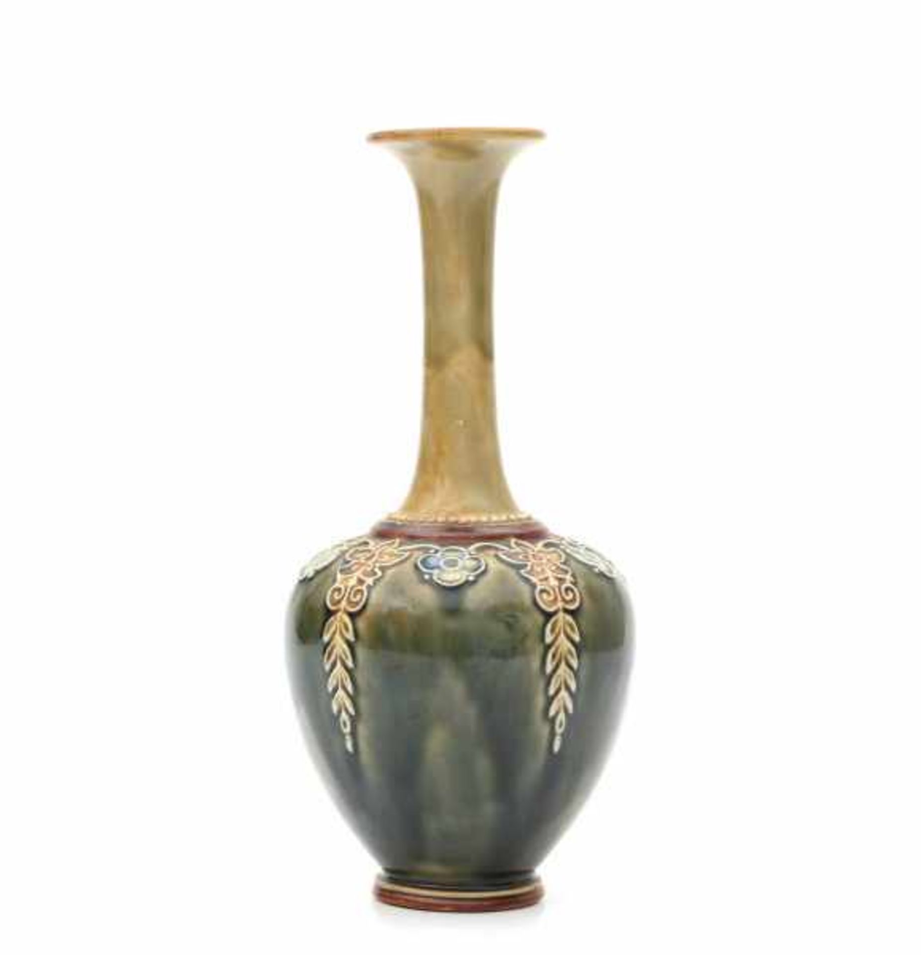 Royal DoultonA mainly green glazed stoneware vase with elongated neck, decorated with flower