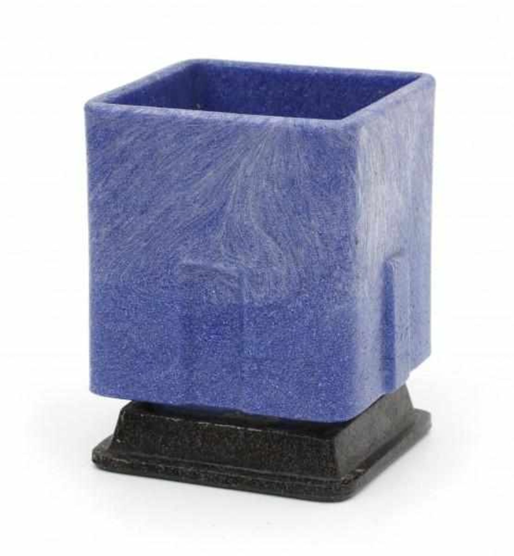 A.D. Copier (1901-1991)A tall square section blue 'graniver' glass flowerpot on black stand,