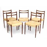Midcentury ModernFive rosewood dining chairs with cream leatherette upholstered seats, possibly