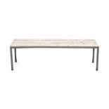 Midcentury ModernAn rectangular section occasional table with a travertine top supported by a grey