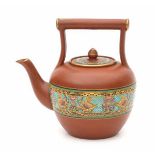 Christopher Dresser (1834-1904) (in the style of)A terracotta teapot decorated with hand coloured