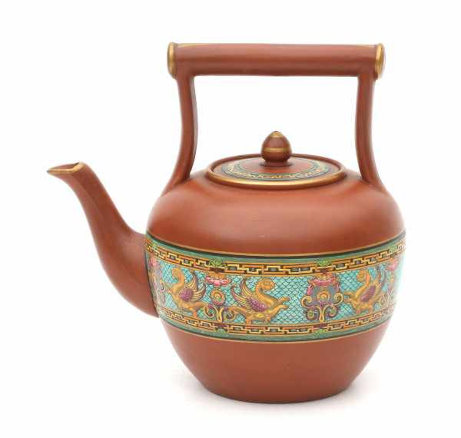 Christopher Dresser (1834-1904) (in the style of)A terracotta teapot decorated with hand coloured