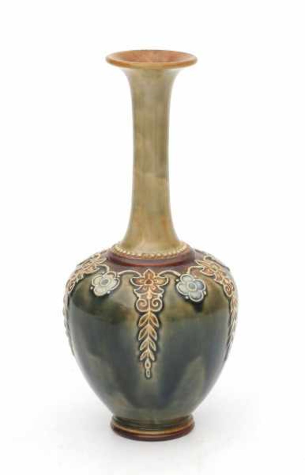 Royal DoultonA mainly green glazed stoneware vase with elongated neck, decorated with flower - Bild 4 aus 6