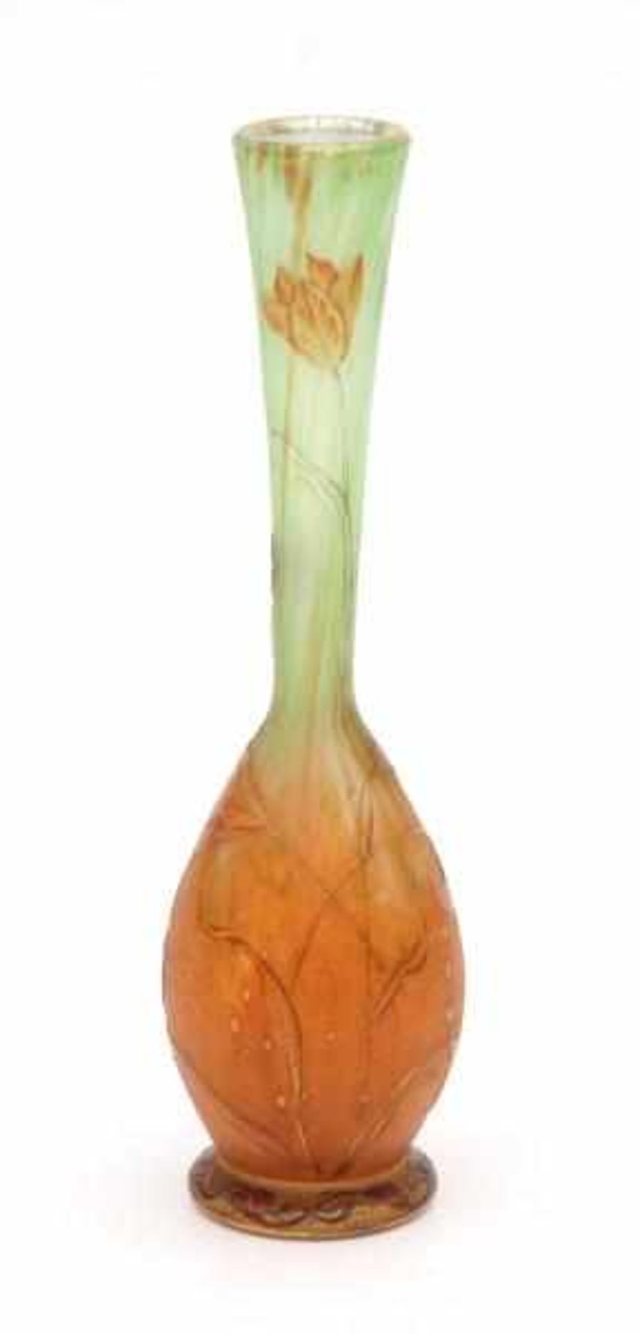 Daum, NancyA cameoglass, enamelled and gilt glass solifleur vase, green and orange with opalescent