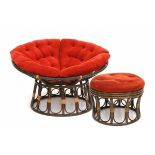 Space AgeA rattan Papasan lounge chair with four orange upholstered cushions, with a matching