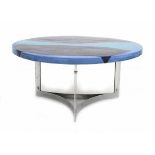 Midcentury ModernA circular ceramic coffee table with chromium plated metal frame, the ceramic top