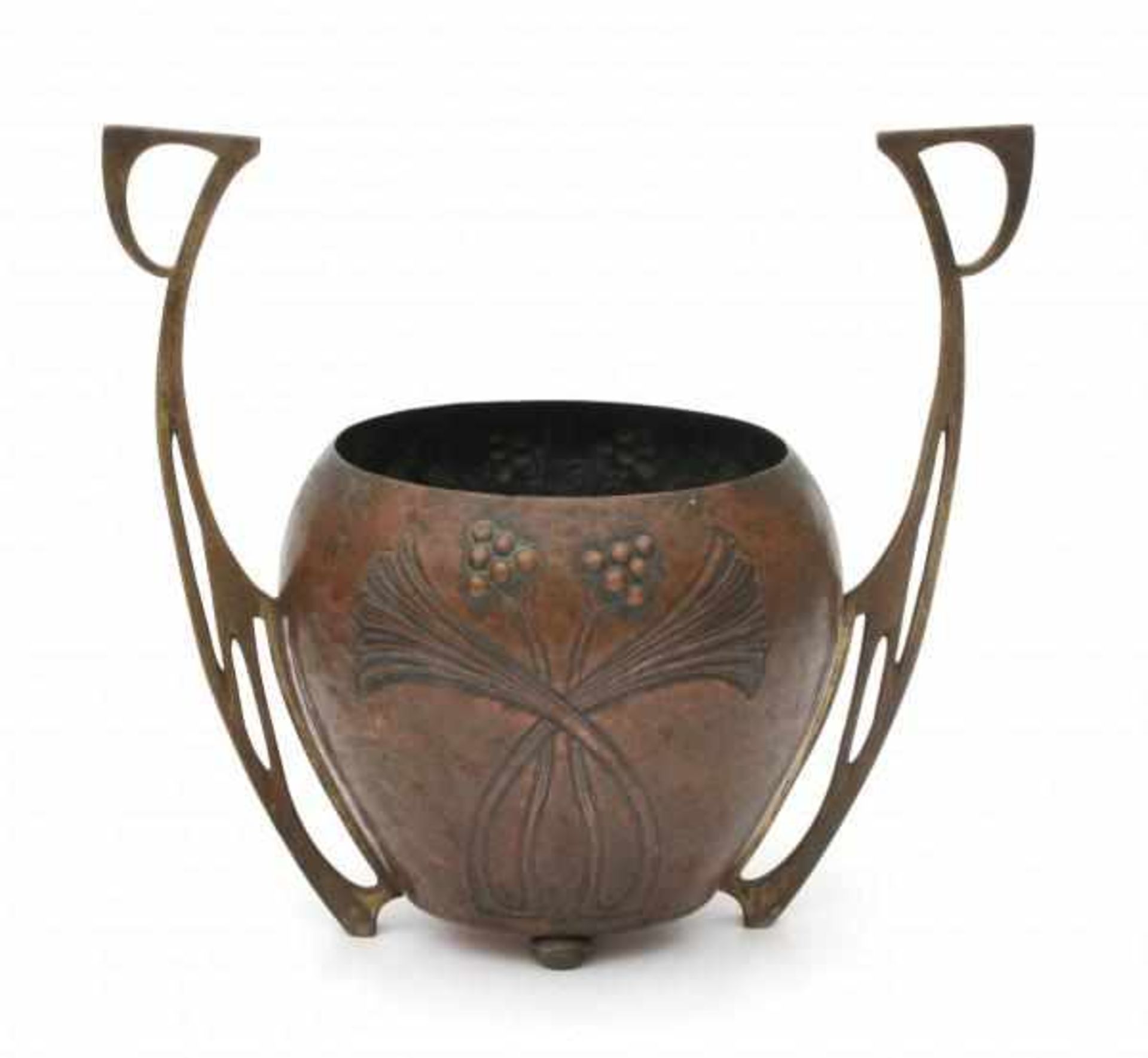 WMFA Jugendstil copper flowerpot with brass handles, marked underneath and with impressed 8.22 cm.