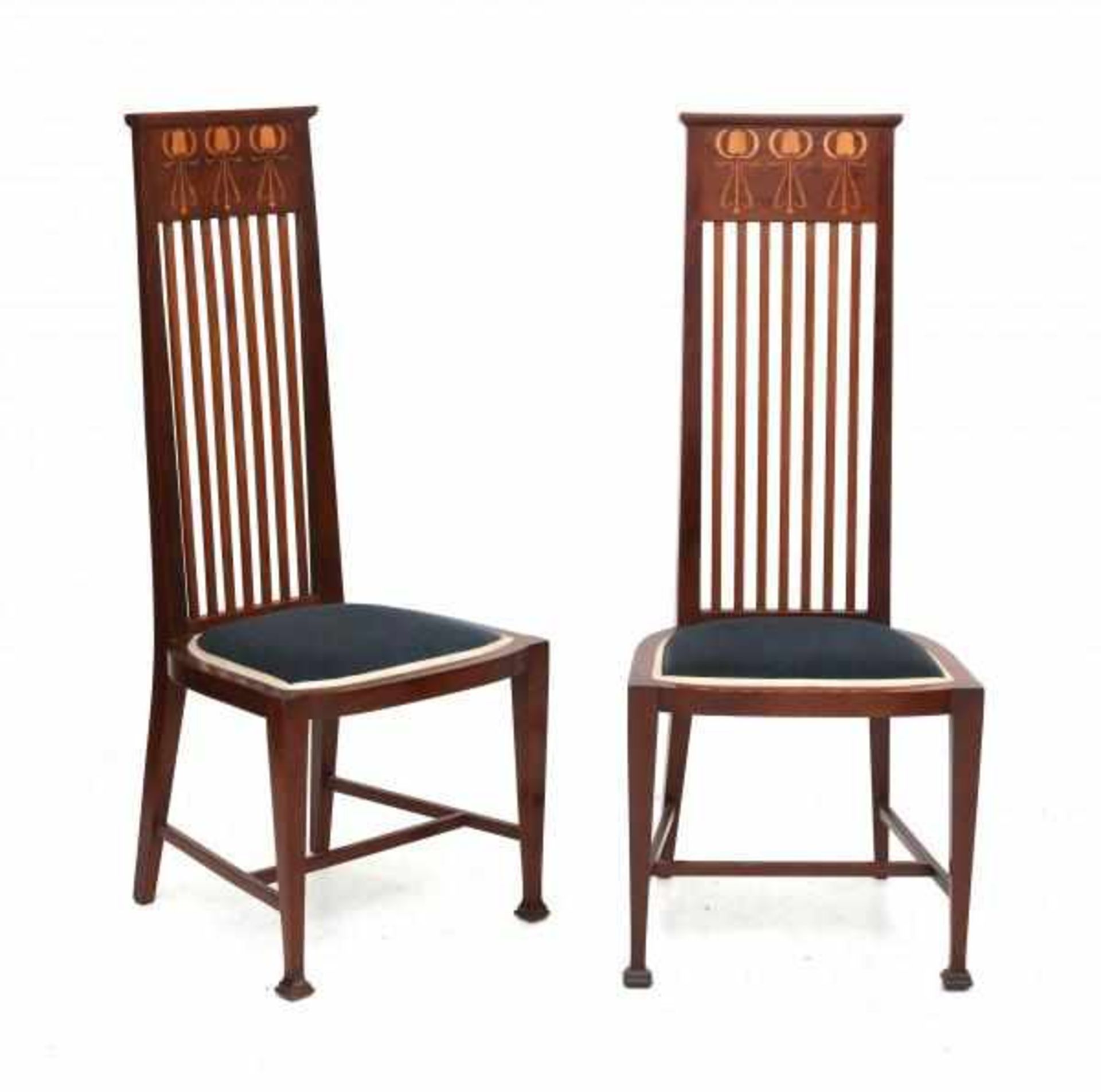 Arts & CraftsTwo mahogany high-back side chairs, the top of the backrest inlaid with repeating