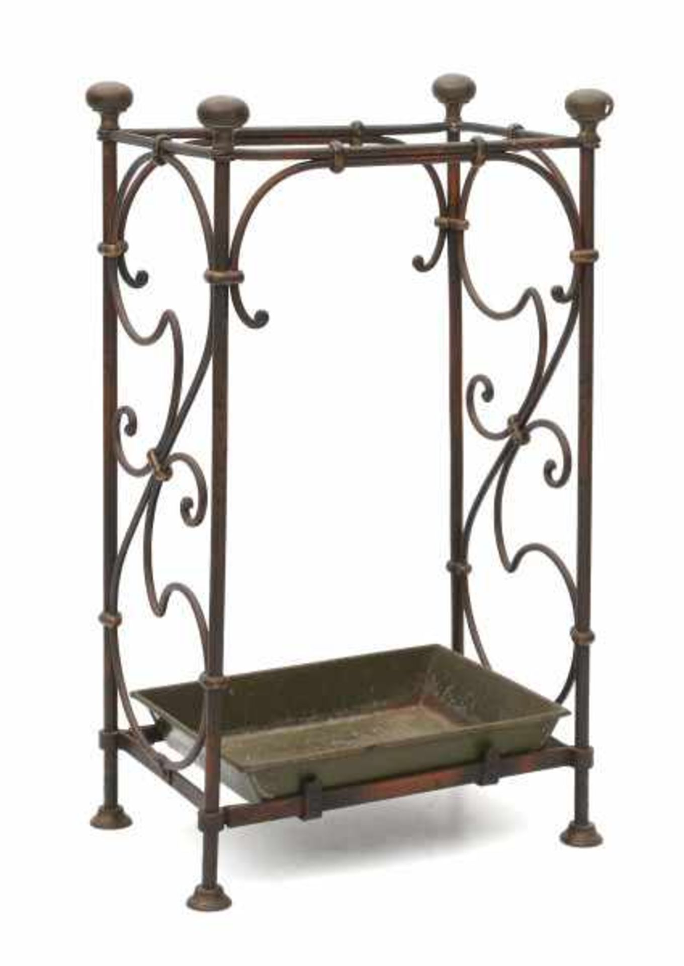 JugendstilA copper and metal umbrella stand with drain basin, decorated with whiplash forms, circa