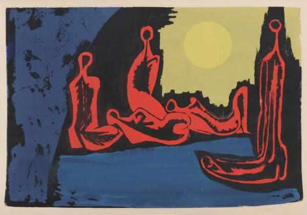 Wally Elenbaas (1912-2008)A colour lithograph on paper, stylized human figures in a landscape,