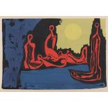 Wally Elenbaas (1912-2008)A colour lithograph on paper, stylized human figures in a landscape,