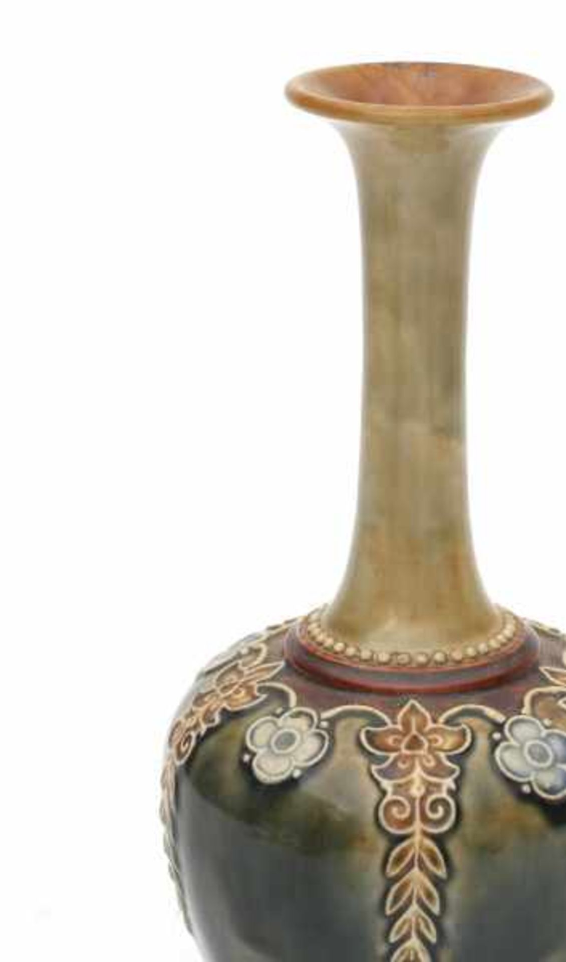 Royal DoultonA mainly green glazed stoneware vase with elongated neck, decorated with flower - Bild 5 aus 6