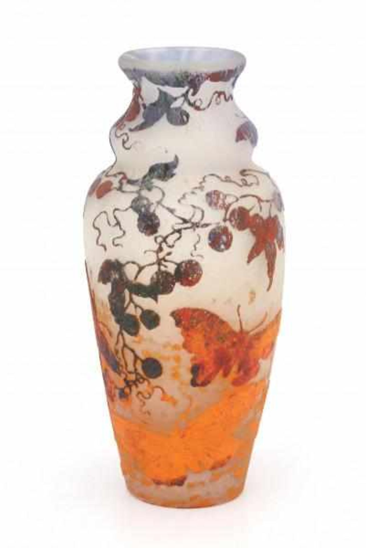 Muller Frères, LunévilleA cameoglass vase decorated with butterflies amidst vinegrapes, marked