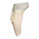 A hand formed stylized ceramic mask with closed eyes, glazed in cream, apparently unsigned.58 cm.