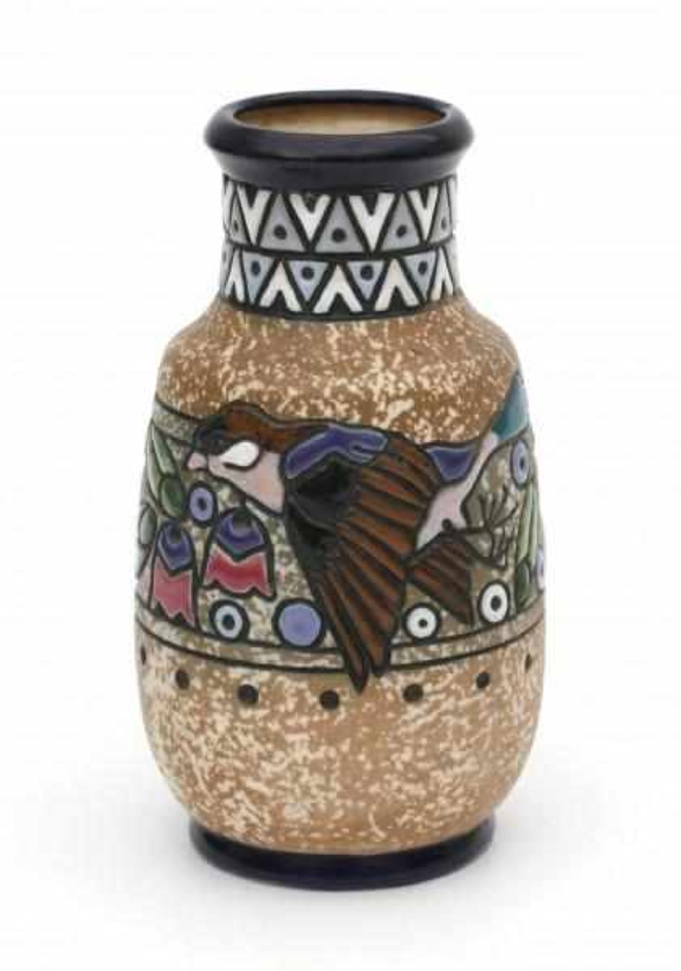 Amphora, AustriaA moulded ceramic vase decorated with a flying bird amidst stylized floral