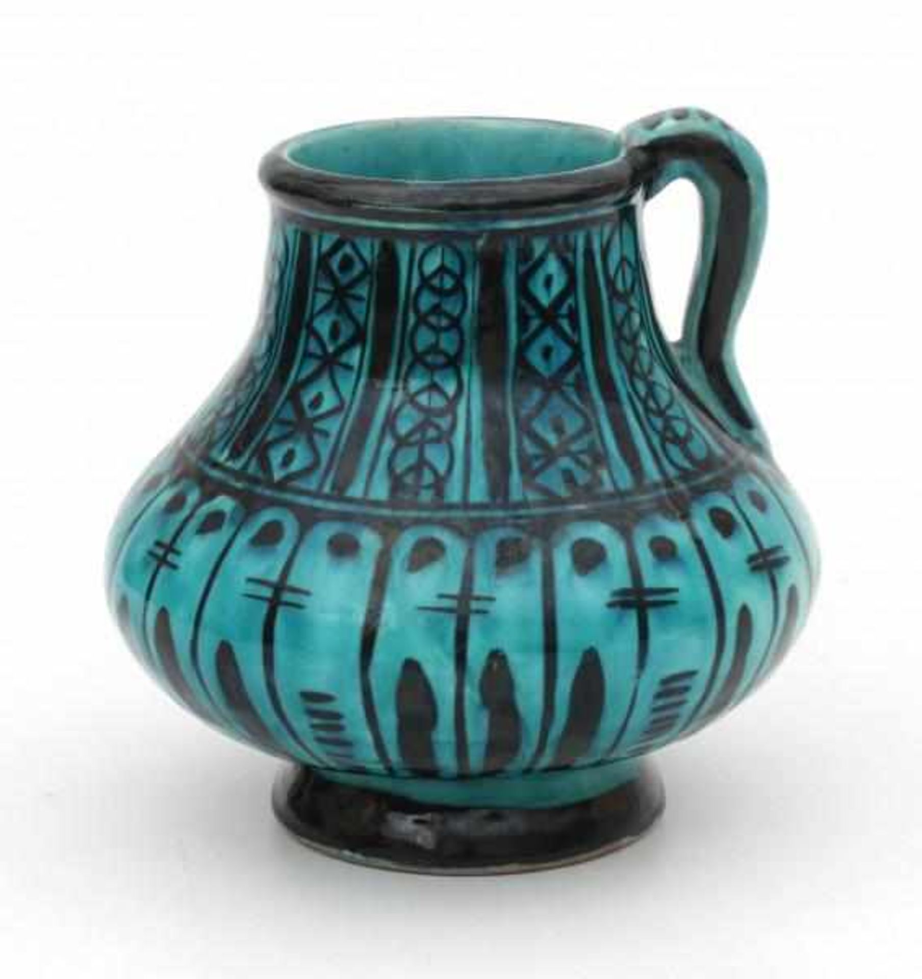 De Porceleyne Fles, DelftA Persian-inspired decorated ceramic vase with handle, green glazed,