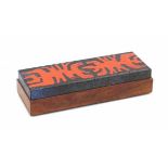 SeventiesA teak box with enamelled metal lid decorated with abstract pattern in orange.4,5 x 19,5