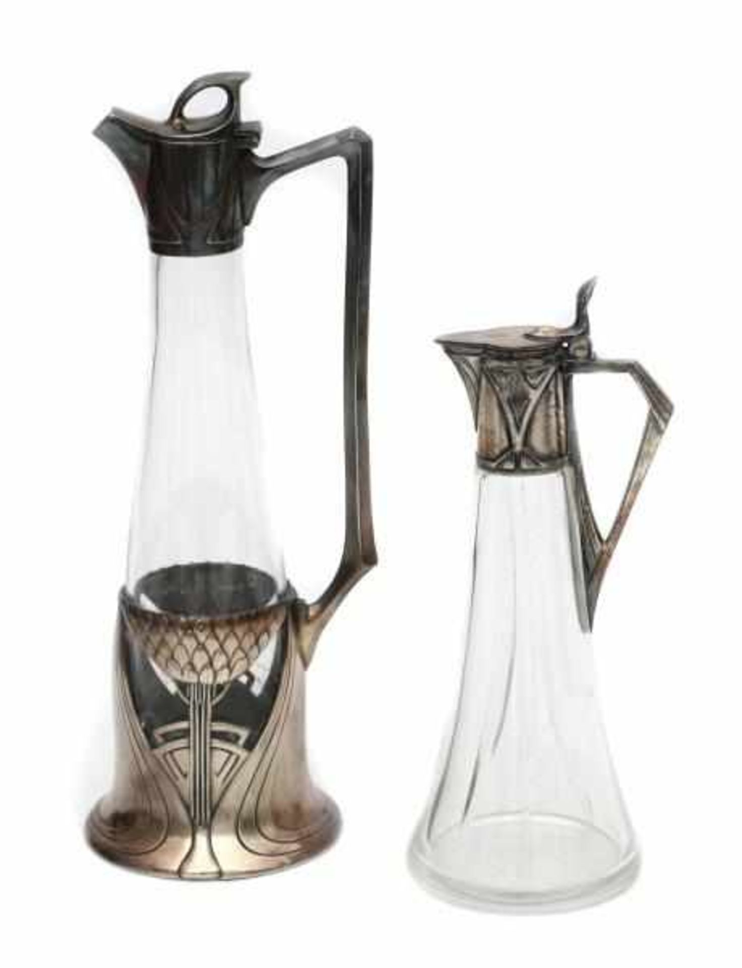 WMFA cut glass and pewter lidded jug with Jugendstil ornaments, marked, together with a taller