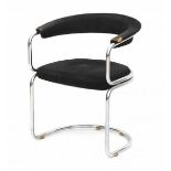 SeventiesA chromium plated bent tubular steel armchair with black fabric upholstery (worn).75 cm.