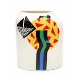 Kato KogeiA Japanese ceramic vase, white glazed with colourful postmodern transferprinted pattern,