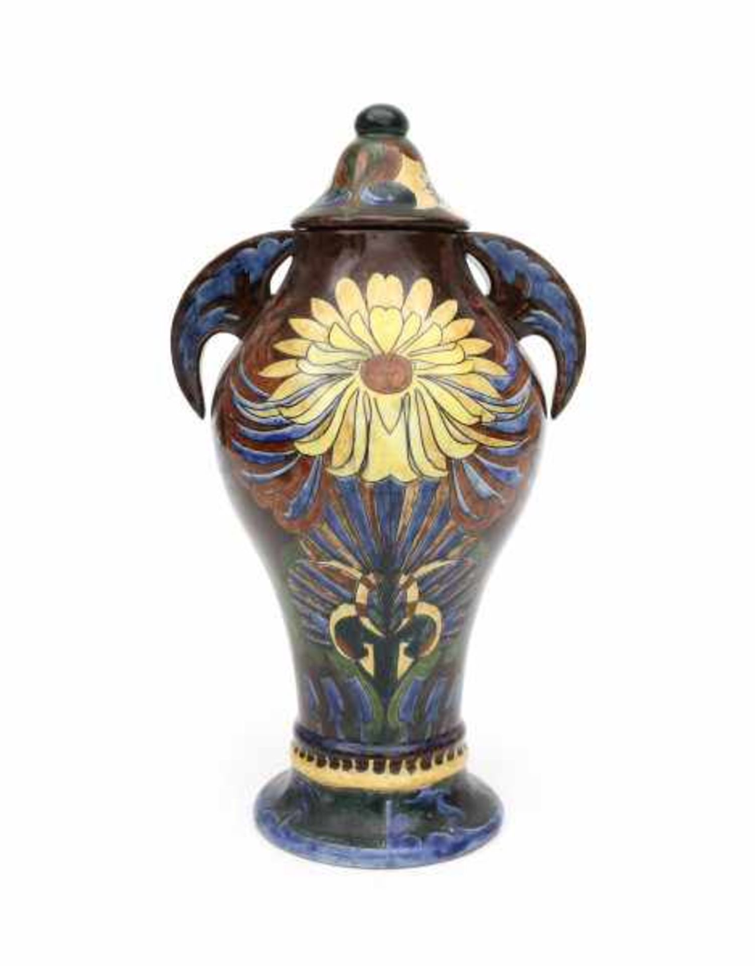 Distel AmsterdamA ceramic lidded vase with two handles, decorated with stylized yellow flowers on