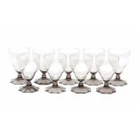 A.D. Copier (1901-1991)Nine beer glasses, grey-violet glass with cut stem and foot, model 'Peer' (