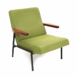 Midcentury ModernA black lacquered metal easy chair with wooden armrests and green upholstered