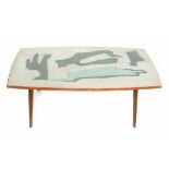 Midcentury ModernA beech wood coffee table with abstract inlaid formica top.50 x 117 x 61 cm. (