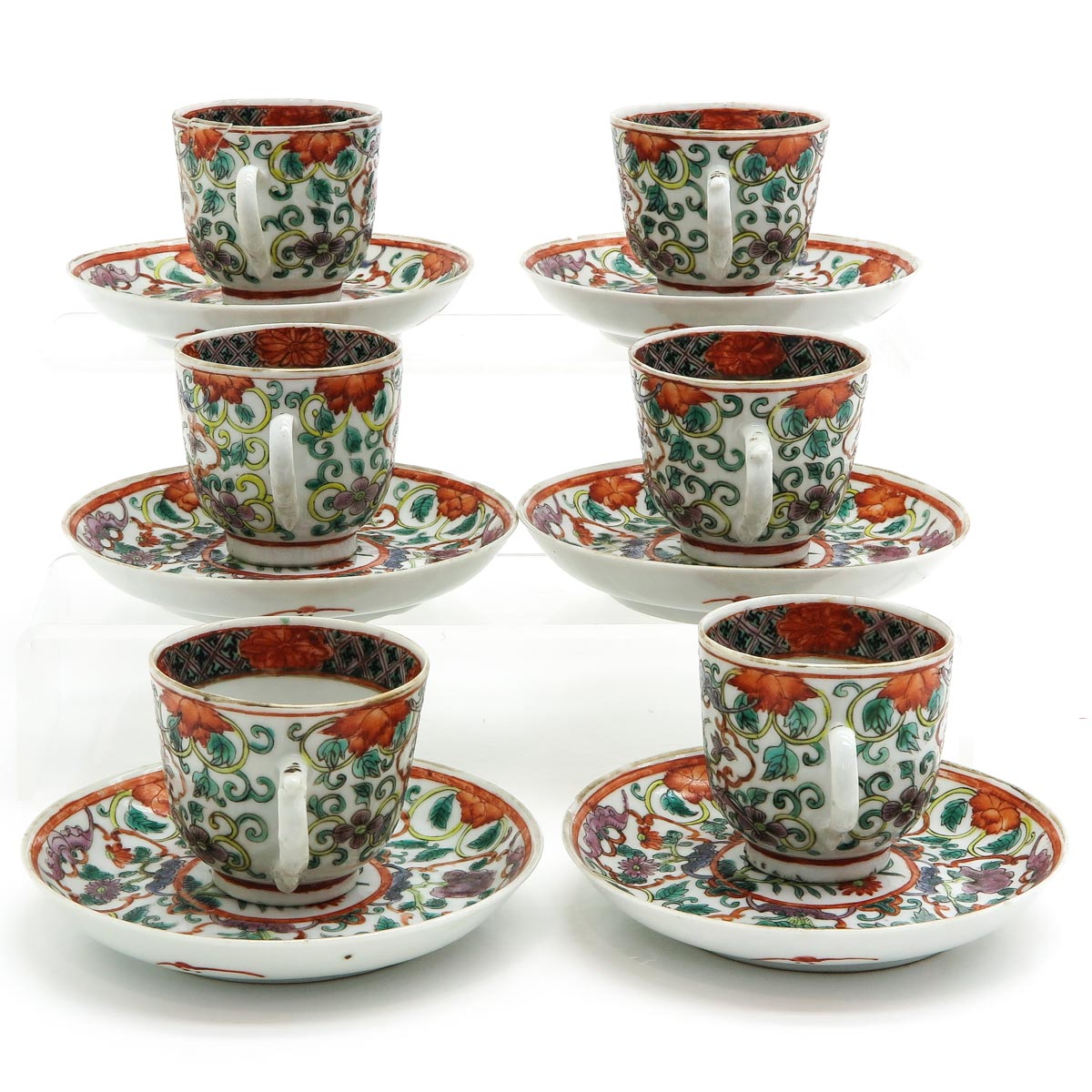Six Chinese Polychrome Cups and Saucers - Image 2 of 8