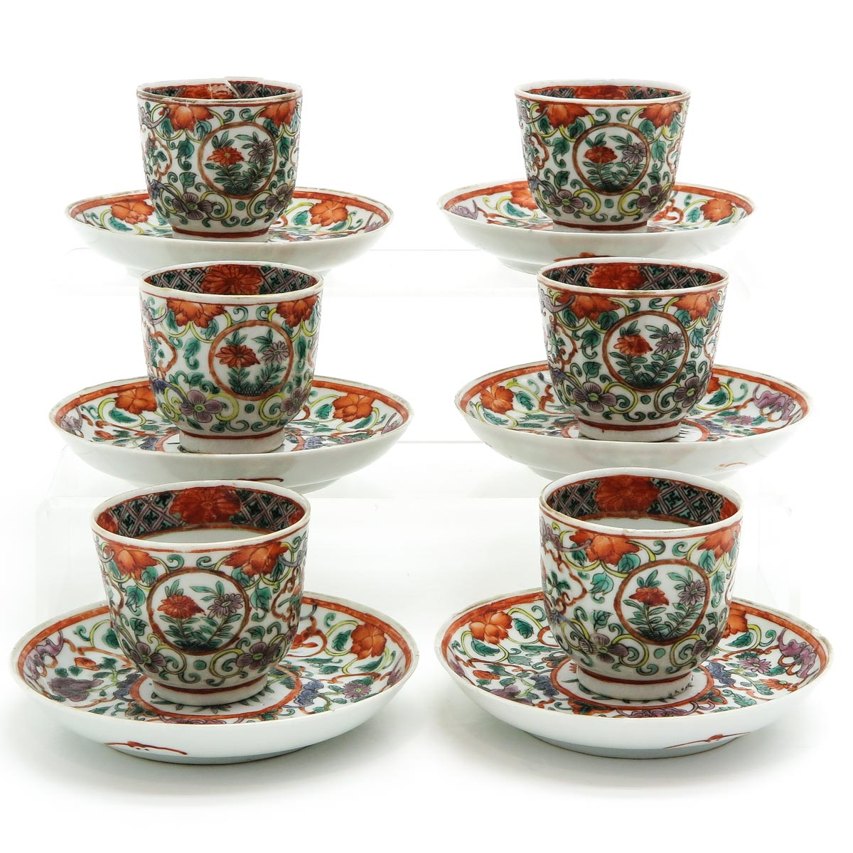 Six Chinese Polychrome Cups and Saucers - Image 4 of 8