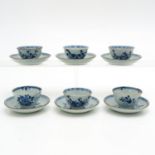 Six Blue and White Cups and Saucers