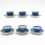 Six Blue and White Cups and Saucers