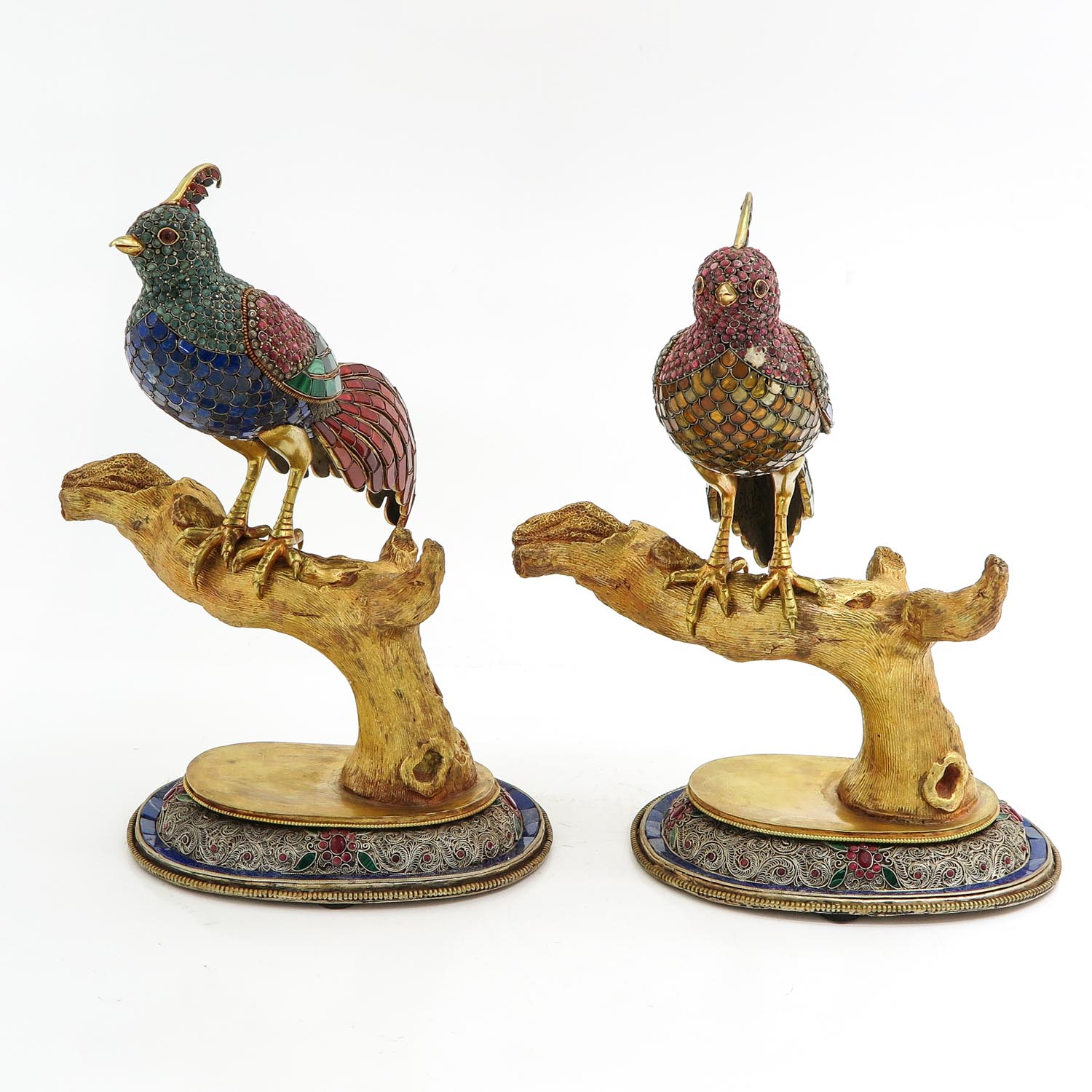 A Pair of Silver and Gemstone Bird Sculptures