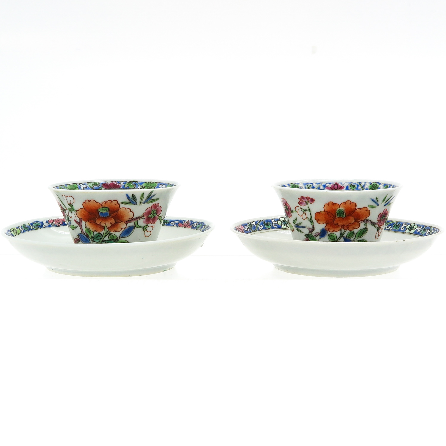 Two Polychrome Decor Cups and Saucers