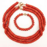 Three Red Coral Necklaces and One Bracelet