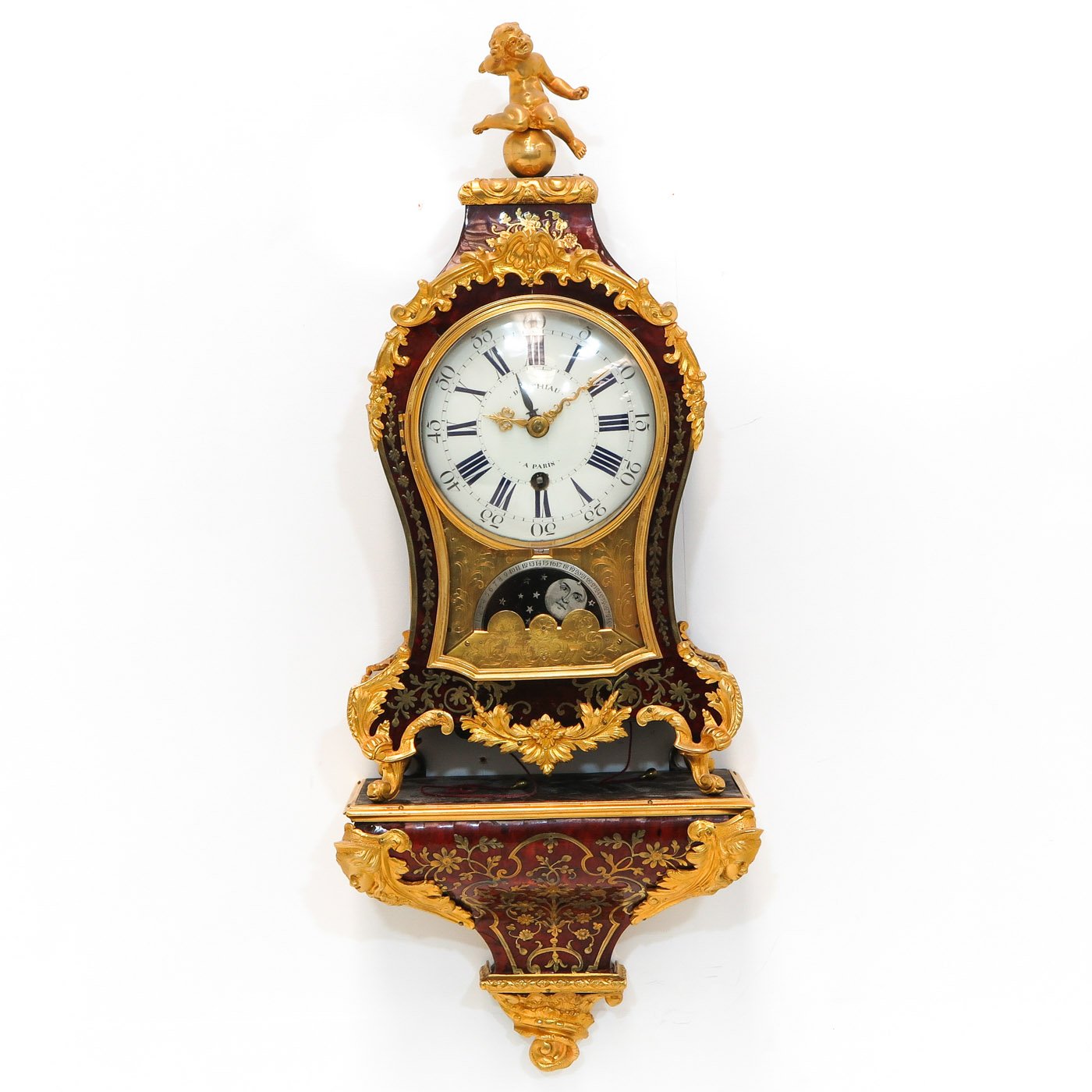 A Signed French Boulle Console Clock