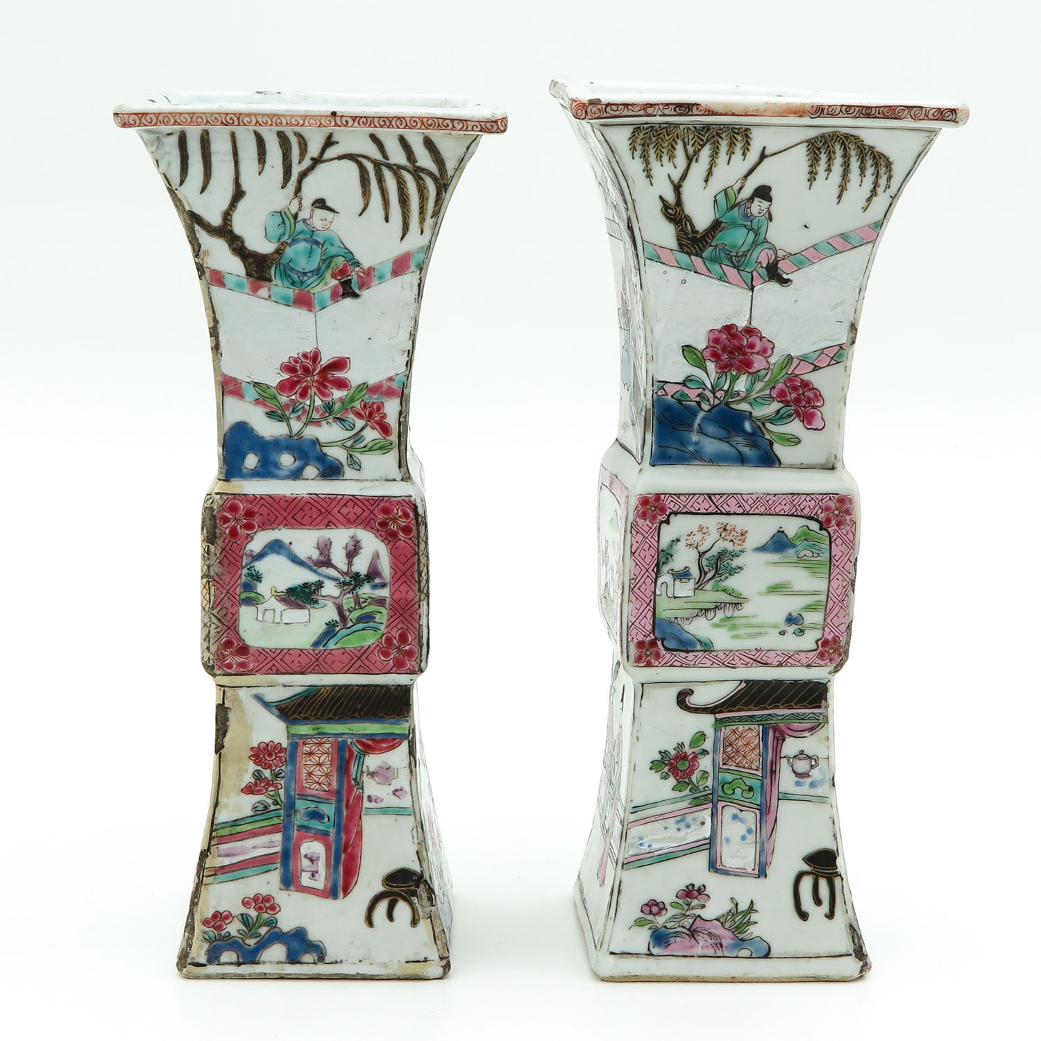 A Pair of Famille Rose Square Gu Vases - Image 4 of 9