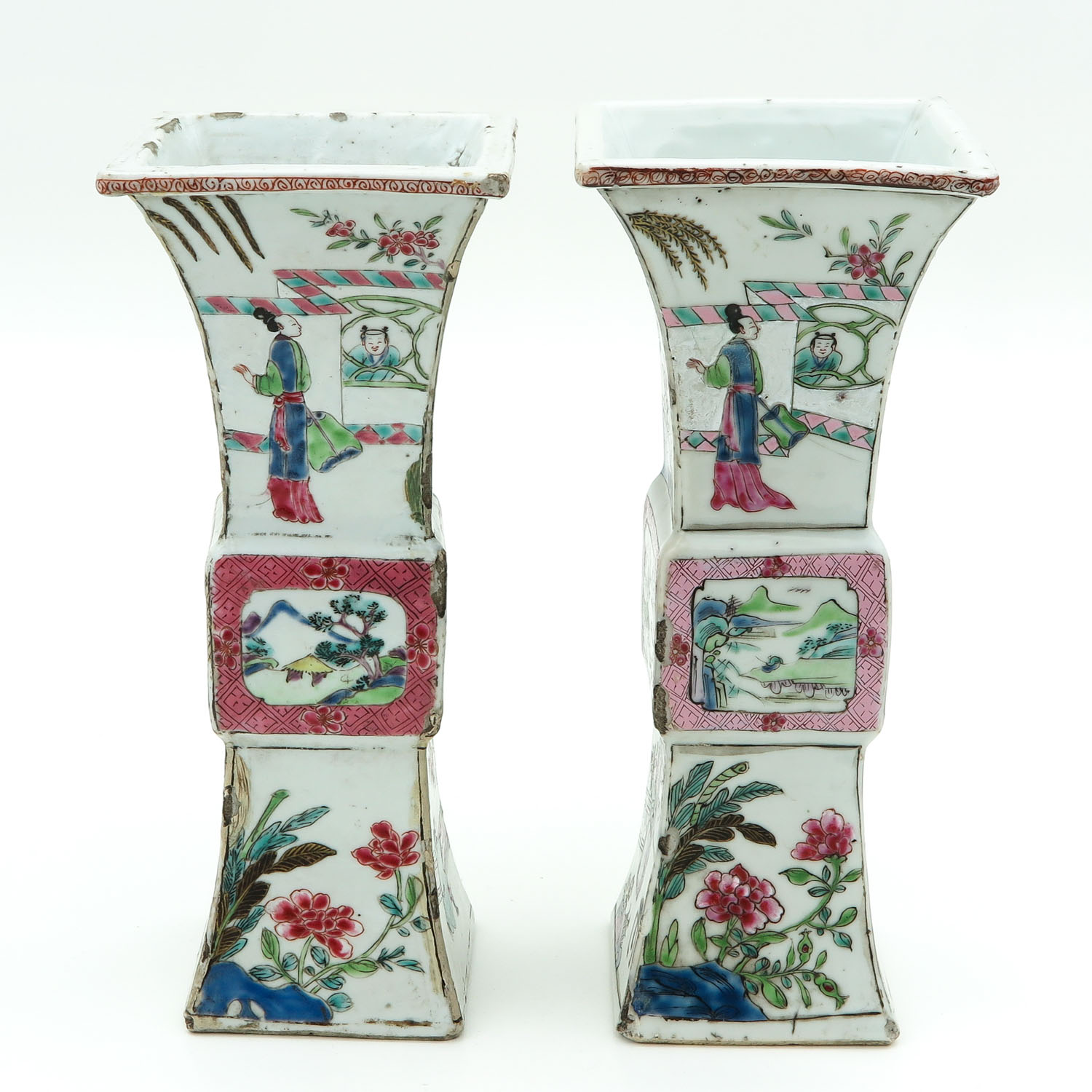 A Pair of Famille Rose Square Gu Vases