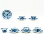 Six Blue and White Cups and Saucers