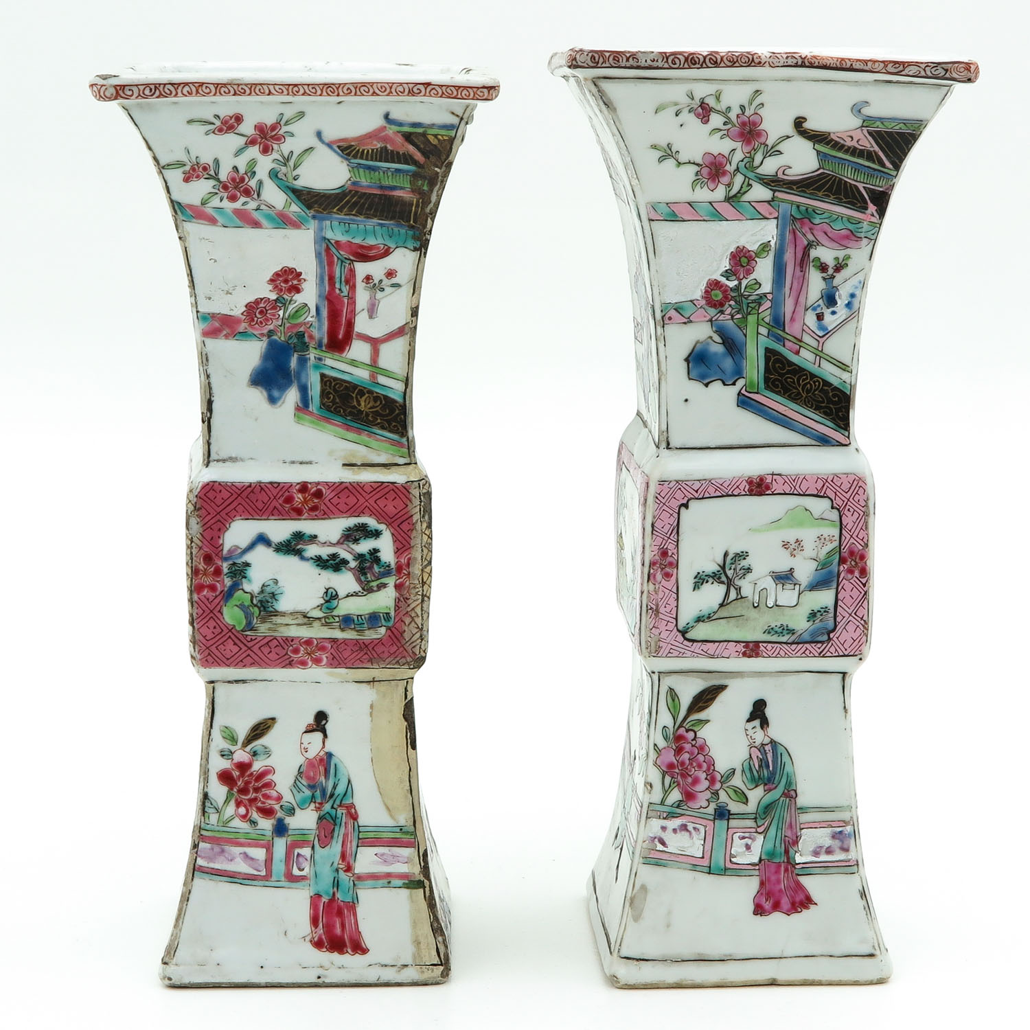 A Pair of Famille Rose Square Gu Vases - Image 3 of 9