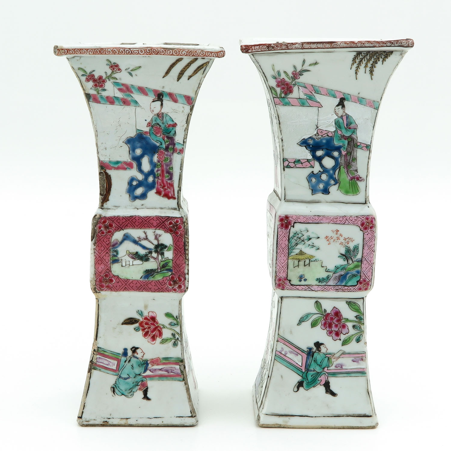 A Pair of Famille Rose Square Gu Vases - Image 2 of 9