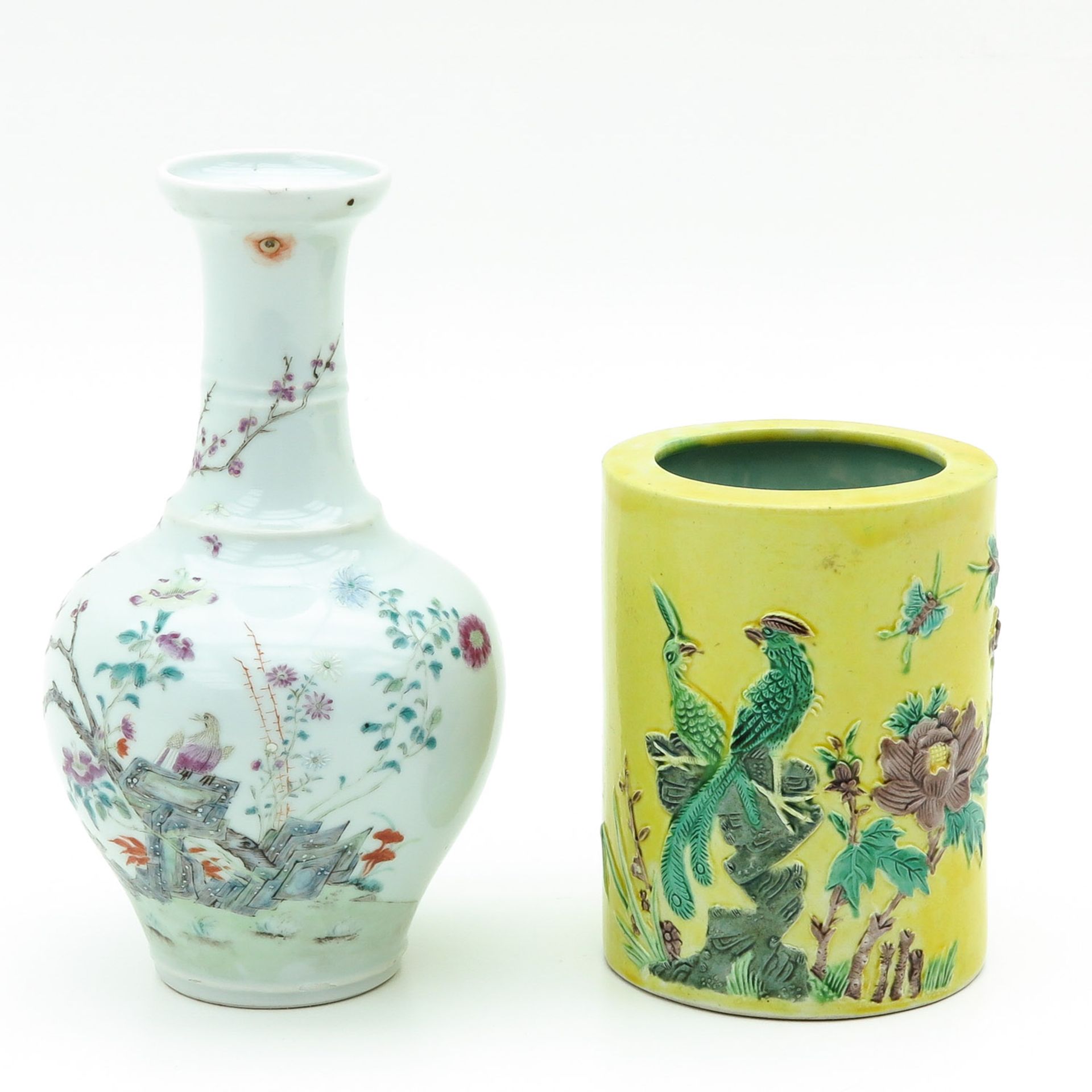 A Famille Rose Vase and Brush Pot