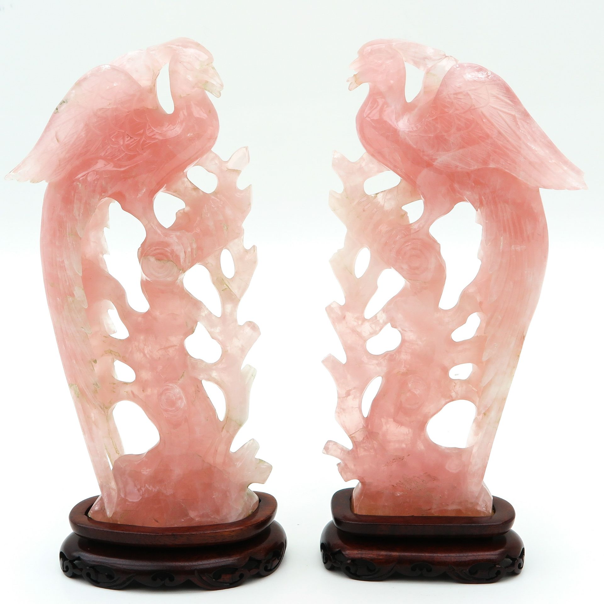 A Pair of Carved Pink Quartz Birds