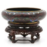 A Cloisonne Bowl with Carved Wood Base
