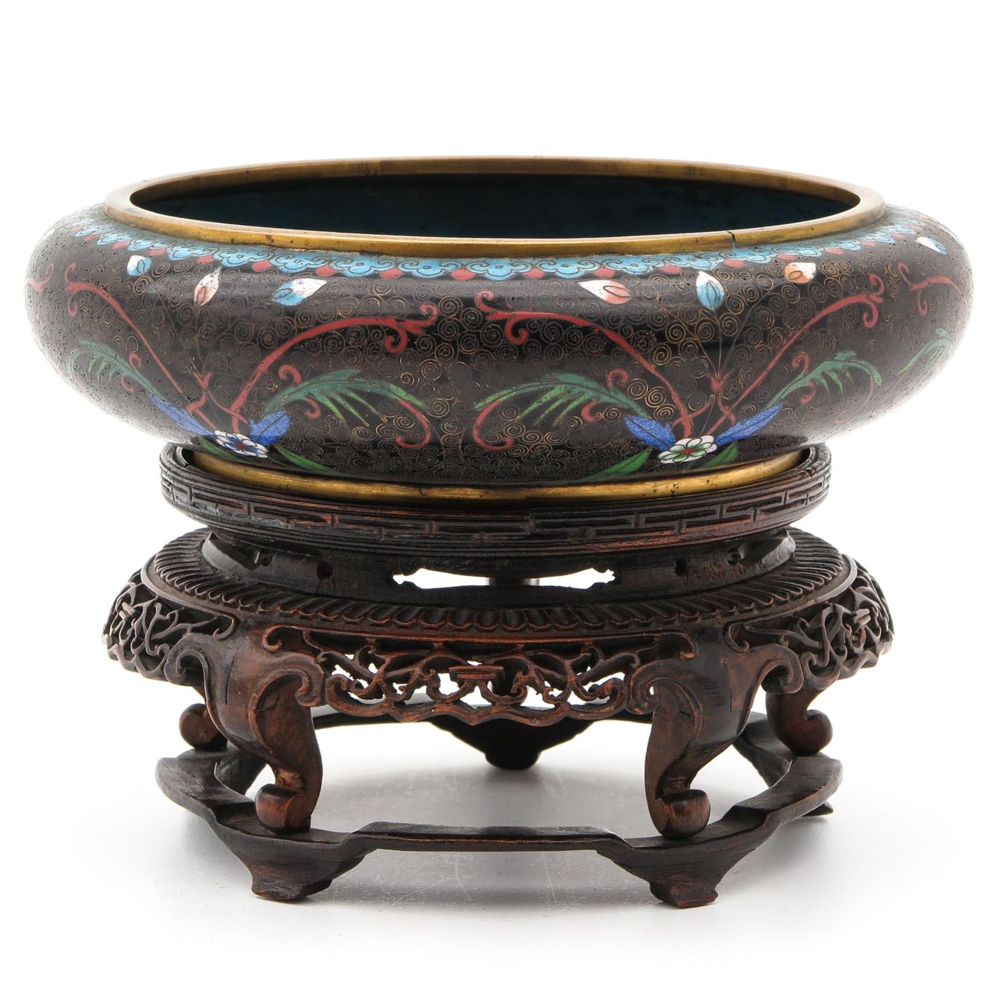 A Cloisonne Bowl with Carved Wood Base