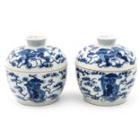 A Pair of Blue and White Covered Pots