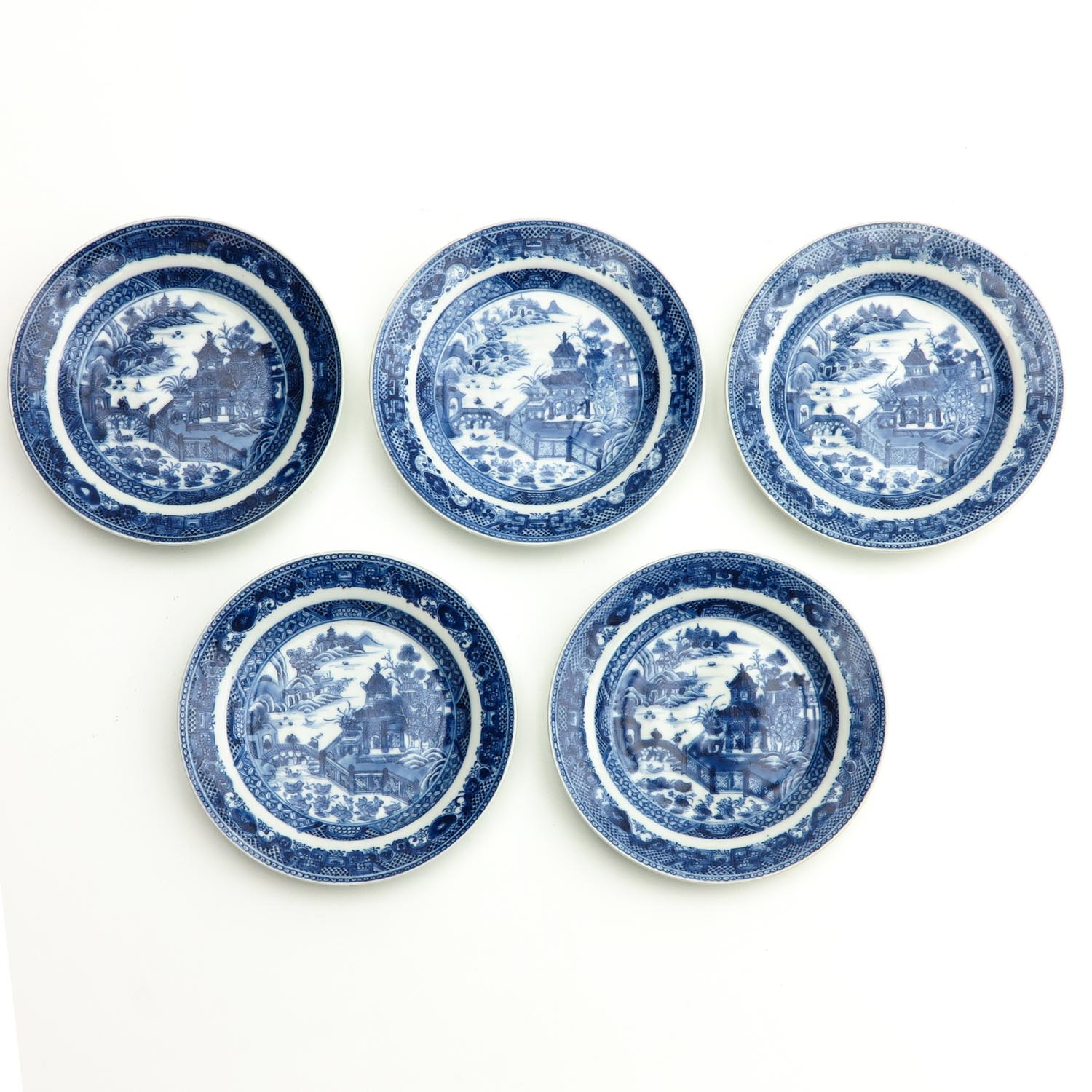 A Series of 5 Blue and White Plates